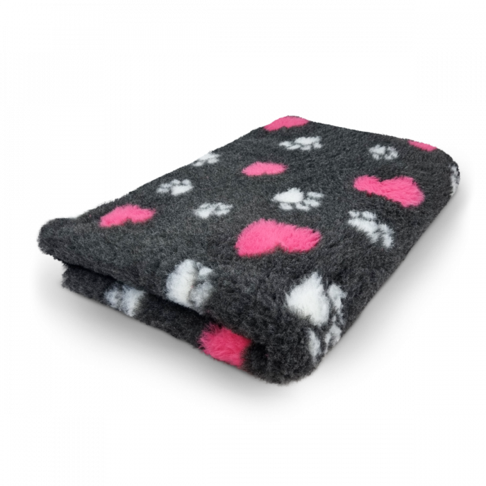 Vet Bed - Anthracite - White Paws & Cerise Hearts - Non slip - 150 x 100 cm