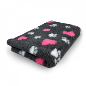 Vet Bed - Anthracite - White Paws & Cerise Hearts - Non slip - Roll 10 Meters